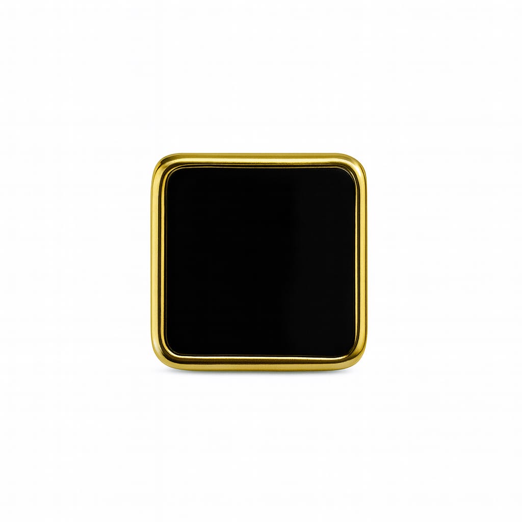 Gold tone stainless rounded-square stud earring with glossy black inlay and bezel frame on white background