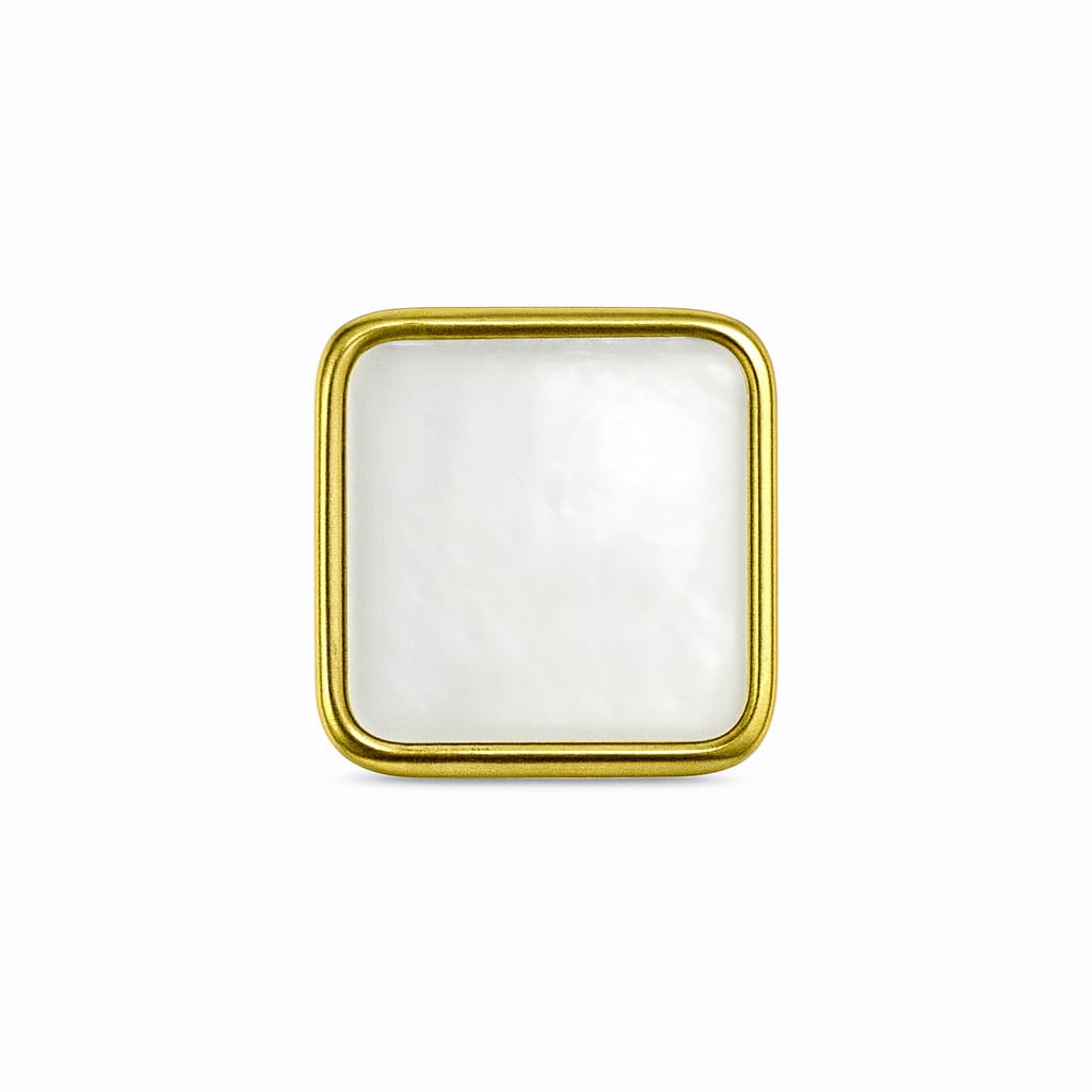 Gold tone stainless rounded-square stud earring with glossy white inlay and bezel frame on white background