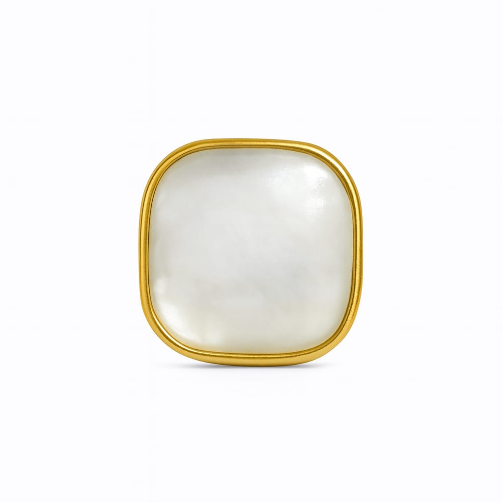 Gold tone stainless rounded square stud earring with glossy white inlay and bezel frame on white background