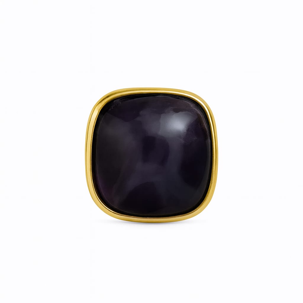 Gold tone stainless rounded-square stud earring with deep plum inlay and bezel frame on white background
