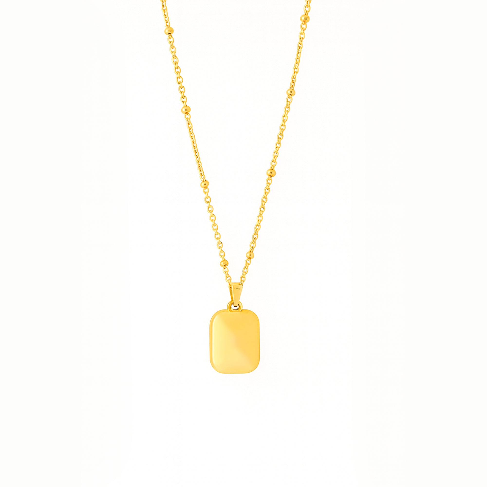 Gold tone stainless mini tag pendant with rounded rectangle tile on satellite bead chain, centered on white background