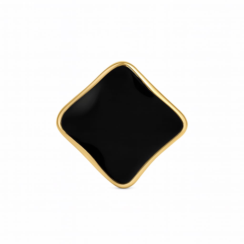 Gold tone stainless diamond-shape stud earring with glossy black inlay and ripple edges on white background
