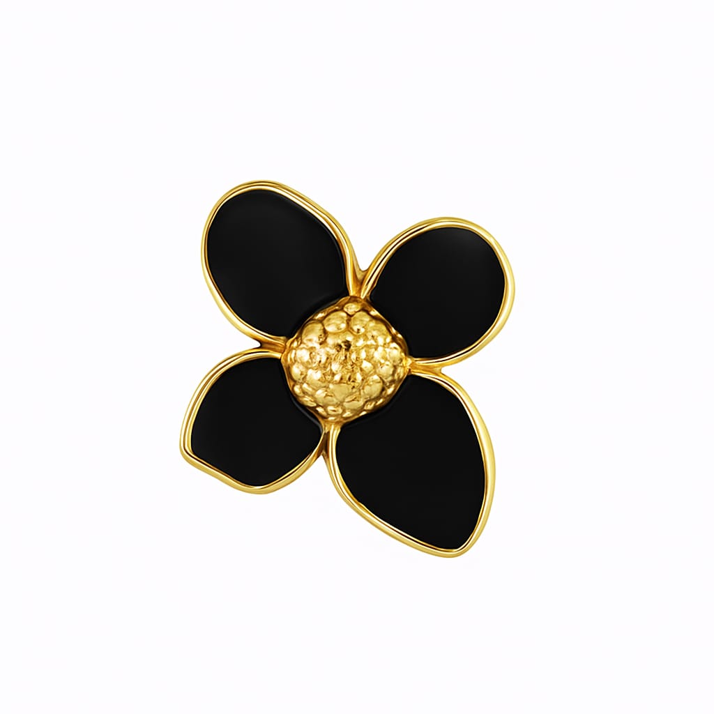 Gold tone stainless flower stud earring with glossy black petals and textured gold center on white background